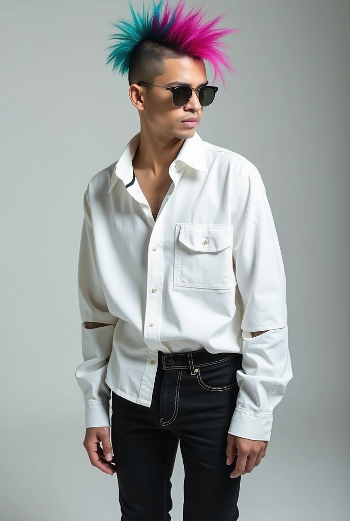 A Delhi-based creative professional with a slender frame showcases an electric teal and magenta punk-inspired mohawk, carefully styled to create geometric precision. Hes dressed in a monochromatic white oversized shirt with strategic cutouts and tight blac...