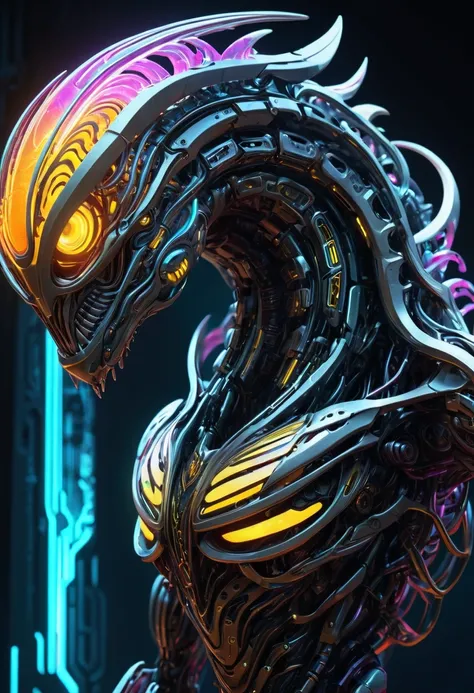 (masterpiece:1.2, best quality, ultra high resolution, Very detailed, best illustrations),8k,wallpaper,A biomechanical creature sculpted by AI, with muscle structures resembling fractals, glowing with a pulsating neon aura.