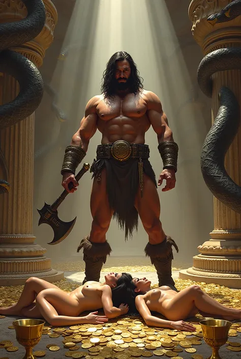 Conan Barbarian with an axe sword in his hand in a palace filled with serpent statues on the walls and floor lined with gold coins and gold and silver chalices and naked woman lying on the floor at his feet 