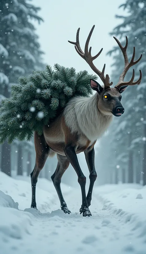 (  Masterpiece  :1.2),  top quality,  Christmas,  reindeer humanoid monster carrying a Christmas tree, snowy landscape,  Christmasツリーを担いでいる,  photo realistic, hyper realistic,  top quality, Ultra Realistic, 8k, Golden Ratio,  complicated,  high detail, Fil...