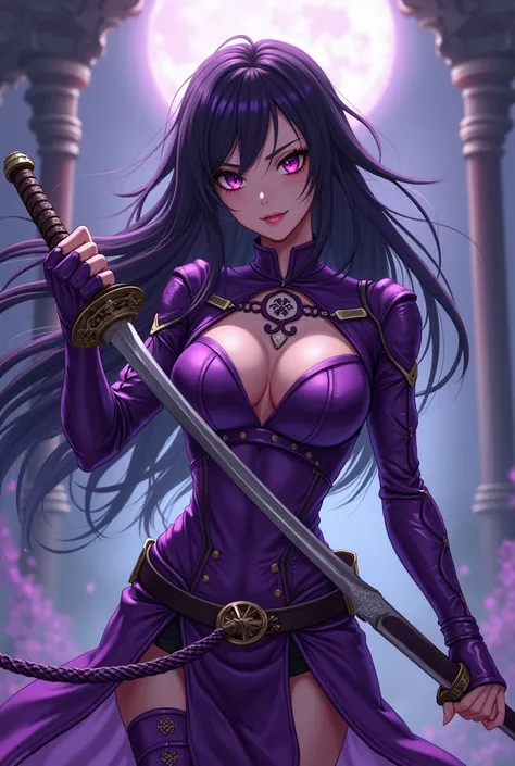  woman with long hair, purple leather clothing  ,  purple eyes, Ahori negro  ,  with Katana,   anime style Kimetsu no Yaiba   