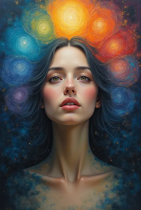 Oil painting in the technique of layers ,  Woman looking straight ahead ,  behind it you can see the figures corresponding to the seven chakras, which mean the energy points of the body,  flowing and connecting with the universe  