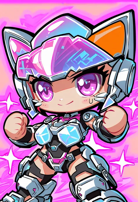 Hello Kitty as a futuristic cyborg gladiator, her iconic bow transformed into a holographic combat visor, flexing titanium muscles under a glittering pink sky.