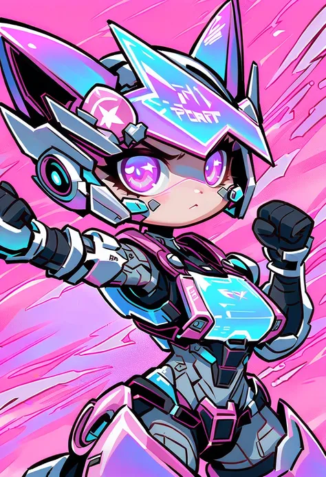 Hello Kitty as a futuristic cyborg gladiator, her iconic bow transformed into a holographic combat visor, flexing titanium muscles under a glittering pink sky.