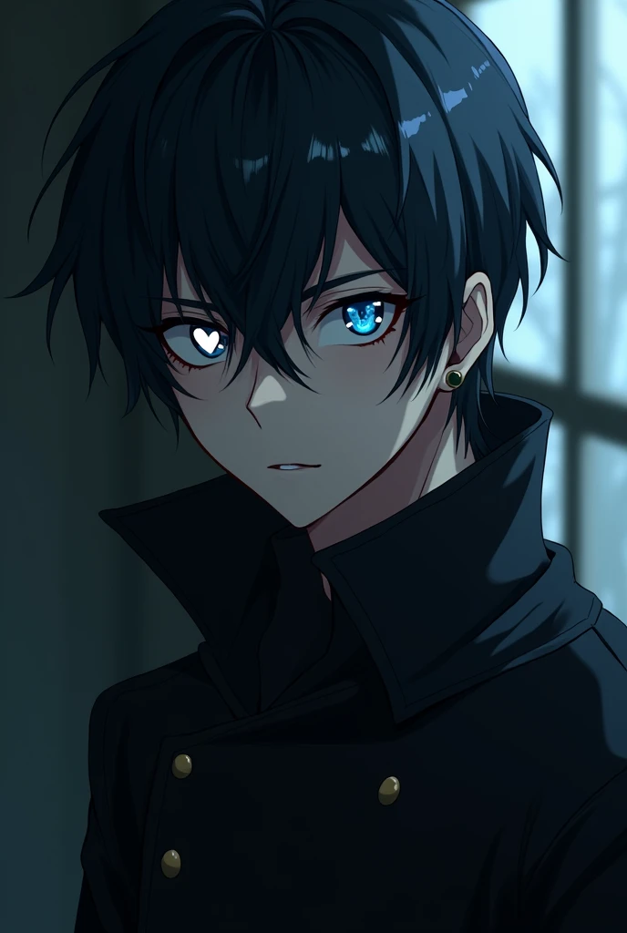 In the anime Mafia style Cold Look , man, beautiful and delicate face, blue eyes with a pupil in one of their white-colored heart-shaped eyes,  his body is all defined but you cant see why he covers everything with dark-colored clothes