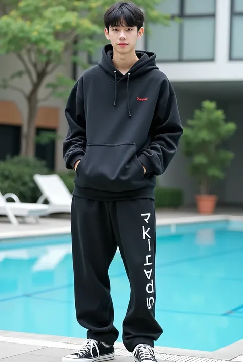 A 22-year-old man，Height 190cm，Background Stage， is a hip-hop enthusiast ，A handsome pose with a top and a hoodie ，Wide-leg pants，Sports shoes， black hair，Patterns on clothes， tall， long legs， long legs，Front view，Face looking at camera，摆了一个帅气的姿势，How to ta...