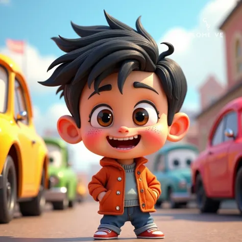 Generate a 3D style cute boy with printed name "MAVERICK" at the top of the baby and have cute colorful cars design in the background must feel the atmosphere of being bossy cute and mischievous at the same time Best Quality, Blush, Smile, Black Hair, Spar...