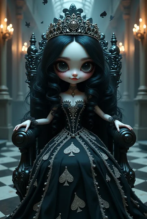 Lowbrow art, Create a hauntingly enchanting gothic doll-like interpretation of the Queen of Spades. She has pale, porcelain-like skin, oversized dark eyes radiating an aura of mystery, and long, jet-black hair styled in cascading waves adorned with a delic...