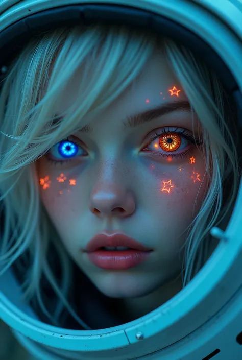  Close-up of an improved masterpiece :1.5)0.9], (Space and astronauts:1.2) ( Messy silver hair:1.1) (heterochromia:  xanthochromia and blue eyes :1.2) (Space helmet:1.0) ( Colored stars in the eyes:1.0) (A radiant glow:1.1) ( Thick lips:0.9)