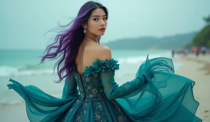 Araffed Beautiful Asian 20 years old Woman, almond skin color,Hooded Eyes, thick eyebrow, purple color Beach Waves hairs,her name is Sonam Kapoor Bae Suzy  in turquoise dress,Dark turquoise dress, ornate dark turquoise clothing, flowing dress, turquoise dr...