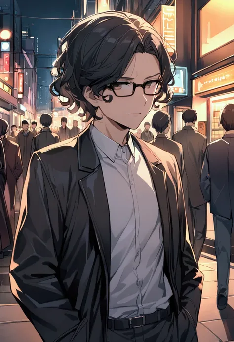 juvenile、Curly hair、 short hair 、 black hair、 Black Eyewear、 No Emotion、 well-groomed face from a sense of distance、Urban area、Metropolis、bustling street、night、 black long coat