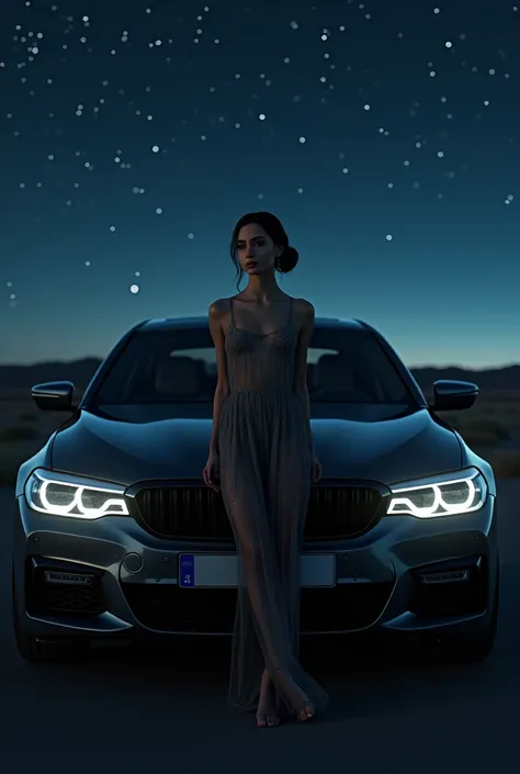 Beautiful girl standing in bmw M5 f90 under nestone in Uzbekistan