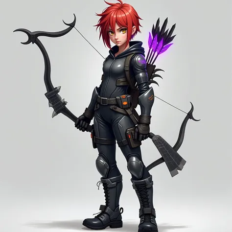 A young and serious female archer, standing confidently with a determined expression. She has a short, lean, and athletic build, appearing agile and well-trained. Her facial features are sharp, with piercing golden eyes that convey focus and intensity. Her...