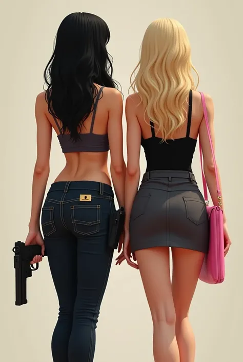  make an image where she has two women with their backs to each other , A woman is tall , Black-haired athletic body is a bodyguard with a gun in her right hand and a holster on her left leg and the other woman is blonde,  rich wears a skirt with a pink ba...