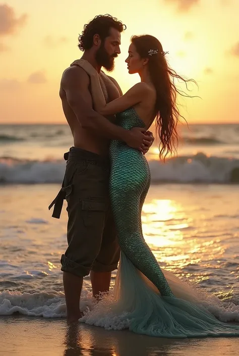 Man carrying a mermaid on the edge of the beach