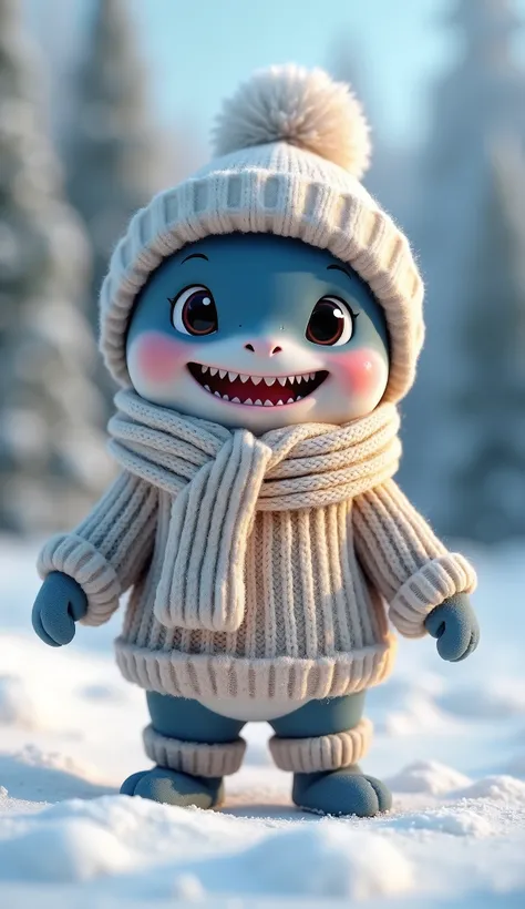 Playful 3D baby shark in winter clothes