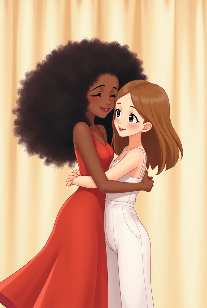 A brunette girl ( dark skin) with very curly hair long , not bulky, black, skinny girl in a red dress , low,  hugged with a girl with voluminous curly hair, The light-haired girls hair is shoulder length, light brown, light skin (curtain)  and shes taller ...