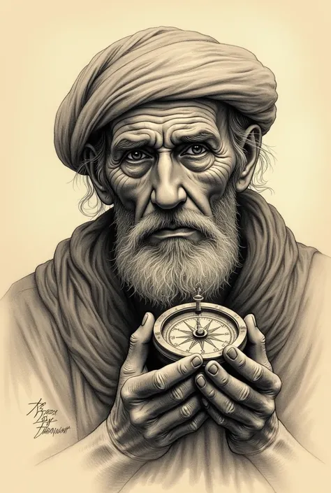 Nautical Memory Sketch: Create a detailed sketch using black and sepia tones depicting an old sailors weathered hands holding a vintage maritime compass. Emphasize the intricate wrinkles, age spots, and texture of the skin, with the compass showing delicat...