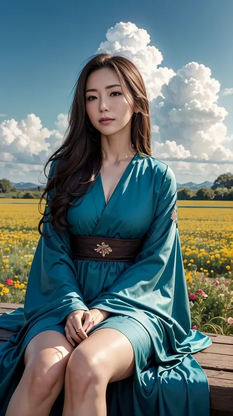 ( top quality, masterpiece), teal screen filter, (1 woman, Alone, brown gown,  Facing Faces , looking up,  Sitting , Wide sleeves, black eye, Close your mouth,  long hair,  cowboy shot), (clear sky, cosmos flower field, cloud),