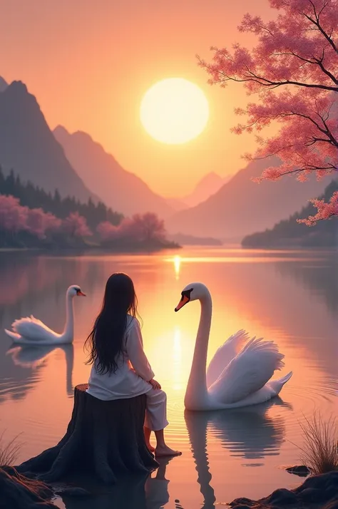  Generate an image of 2 swans that look like
Far away romantics swimming with a lake between
Korean mountains according to a sunset and so on
A fairytale and that there are few cherry trees
Around the lake and a couple is
watching them sitting on a tree st...