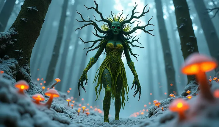 Swamp hag. Green skin. a fantasy winter twig creature in a forest, a character portrait, forest background by Wendy Froud, in the style of Donata Giancarlo featured on zbrush central, fantasy art, wild rave outfit, anthropomorphic, psytrance, flora, 4K OCT...