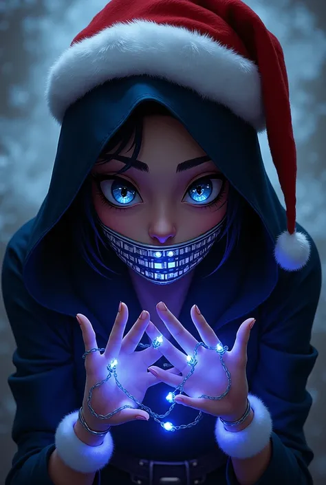 Raven from Teen Titans, wearing a Santa hat, tied up with holiday lights, looking up at viewer, gagged, pov from above