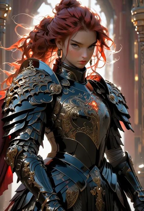 breathtaking A  very detailed  Digital Painting  of a powerful knight in armor holding a large, Shield decorated with heroic poses, An extremely detailed full-body knight in shiny black armor with intricate patterns, Standing in a dramatic pose, Huge in on...