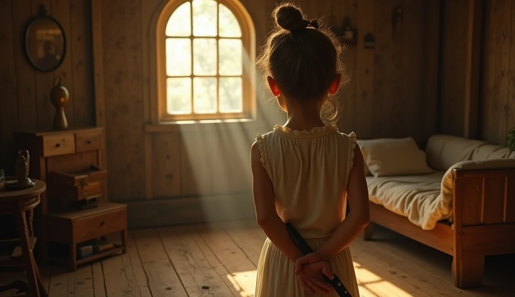 Ultra-realistic image of Peter Pan with his back . He looks like a  boy.  He has his hands behind his back and is holding a knife behind his back.  In front of you is a 17-year-old girl .  She is wearing a white dress and is wearing brown boots .  The sett...