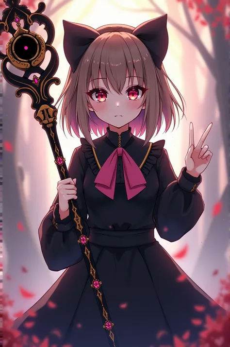 A girl in an all-black lolita-style dress with a pink bow at the collar with light brown hair with brown eyes and a part of the black face with several eyes with a staff with black power and the gold staff with pink details and a full-body anime style