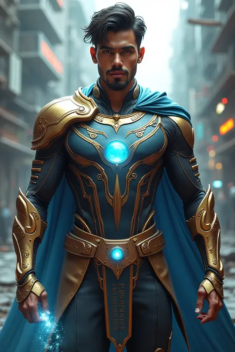 Here’s a detailed prompt for your modern superhero concept:  

"Design a young Indian male superhero under 25, inspired by Aghor Narayan, blending ancient mysticism with futuristic technology. He is handsome, fit, and radiates a godlike aura, with striking...