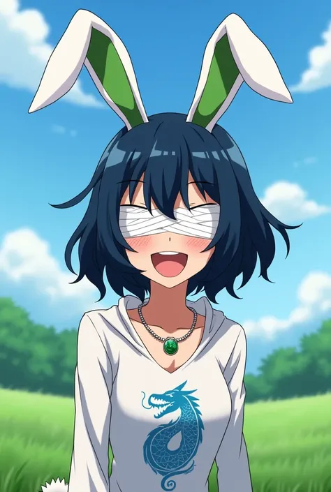 My hero academi,Female adolescent character , dark blue hair , green and white tufts , her eyes are covered with white bandages , has a tail and ears like a rabbit,She is wearing a rabbit costume with a blue dragon tattoo on her chest,  cheerful expression...