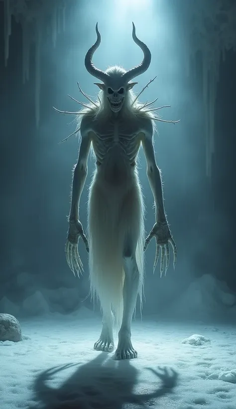 In the center of a stage illuminated by lights in shades of white and silver, a terrifying monster inspired by a Wendigo appears. The creature is extremely tall, with a thin, muscular body covered in whitish skin, as if frozen. Its arms are long, ending in...