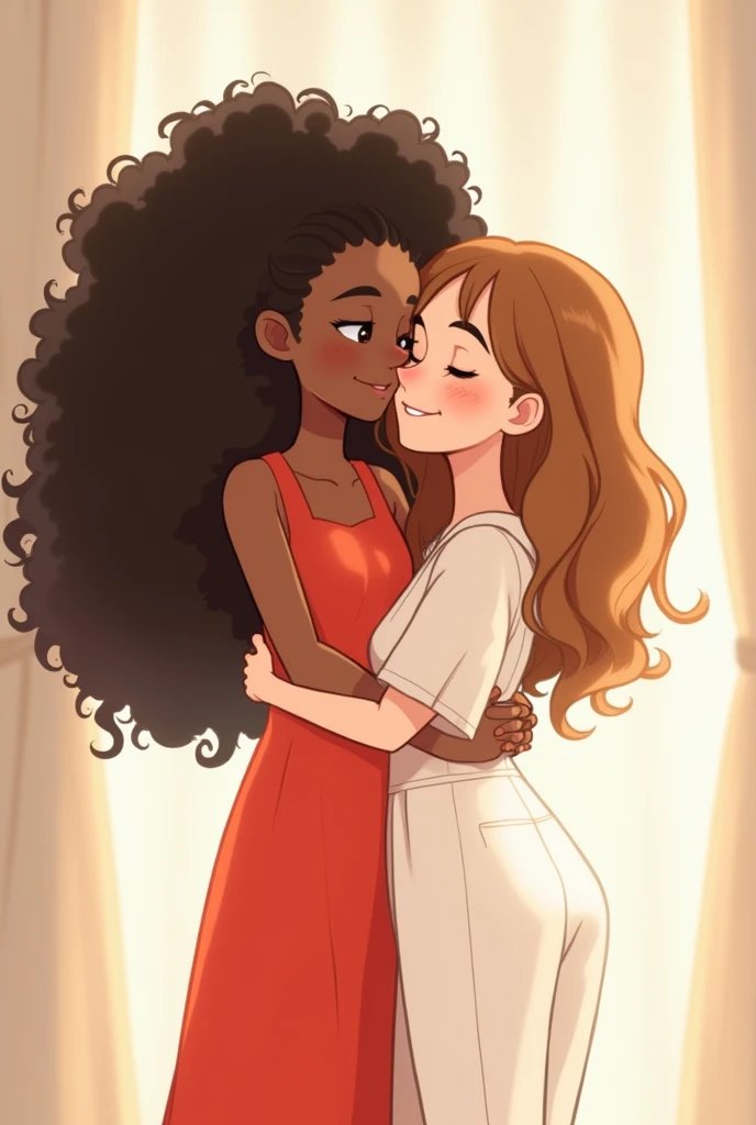 A brunette girl ( dark skin) with very curly hair long , not bulky, black, skinny girl in a red dress , low,  hugged with a girl with voluminous curly hair, The light-haired girls hair is shoulder length, light brown, light skin (curtain)  and shes taller ...