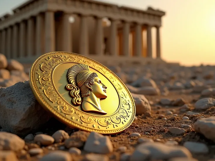  Show me a gold shield of a Greek soldier with the head of the goddess Athena engraved on it. He is on the ground in front of the Parthenon in Athens . Personne ne le tient. Its just on the ground 