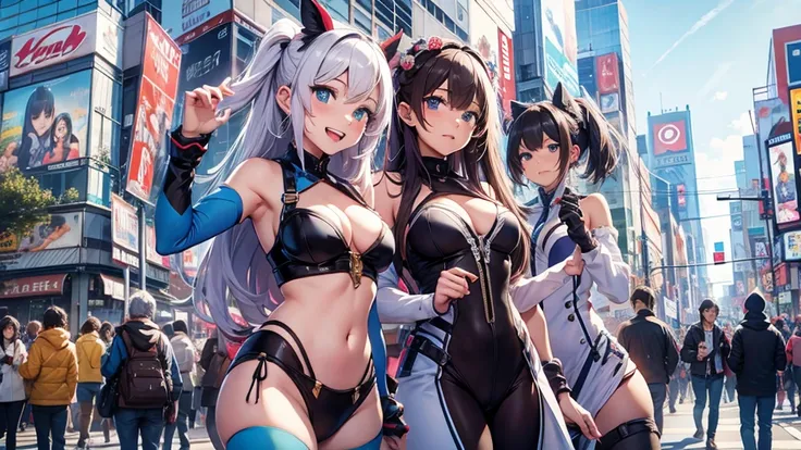 "prompt": "A colorful, realistic illustration focusing on a close-up front angle of a group of more than 10 people in various cosplay costumes gathered at a busy intersection in Akihabara, Tokyo. The characters are smiling and interacting, creating an ener...