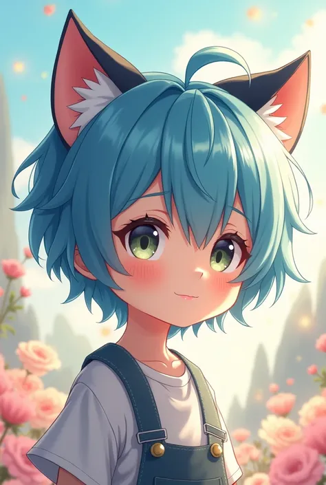 Create an anime boy with cat ears and short blue hair 