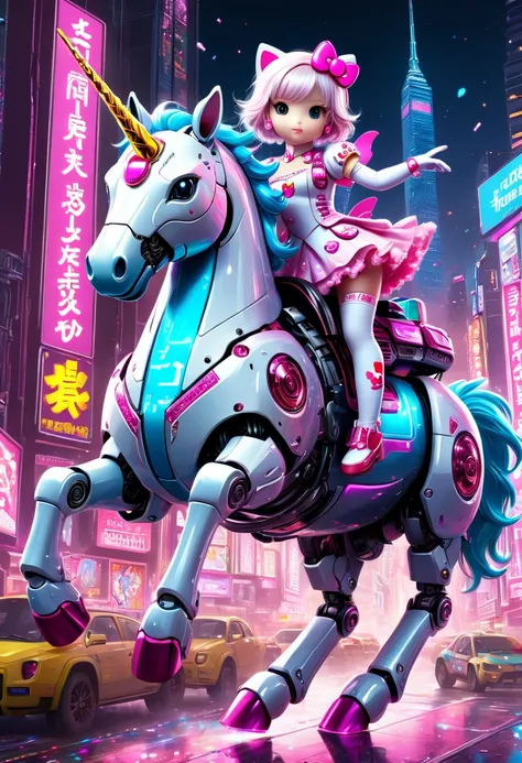 (masterpiece:1.2, best quality, ultra high resolution, Very detailed, best illustrations),8k,wallpaper, Hello Kitty riding a massive robotic unicorn with bulging mechanical muscles, both covered in glitter and surrounded by neon aura.