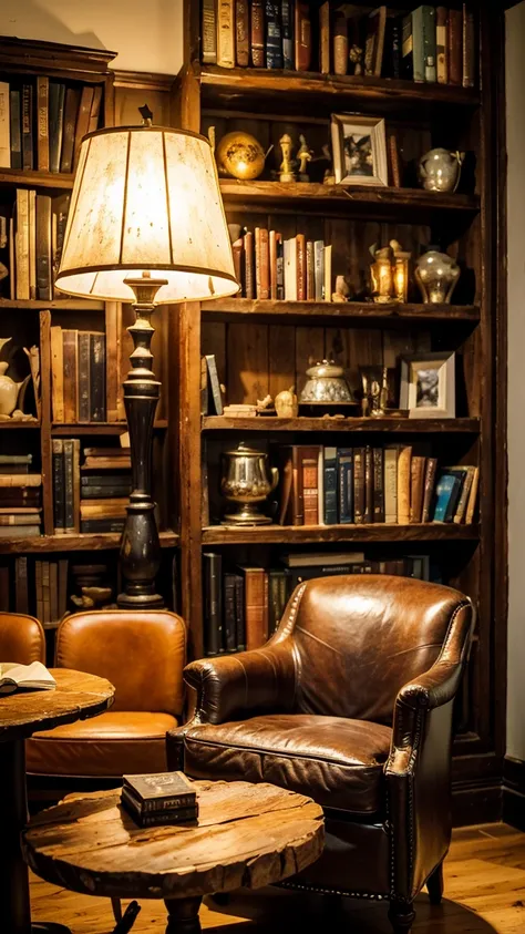 A medieval themed library inside a cafeteria .  Dark wooden shelves full of old and modern books ,  brown leather armchairs in front of small tables with burning candles.  Customers reading books while enjoying a cup of coffee .  soft and warm lighting ,  ...