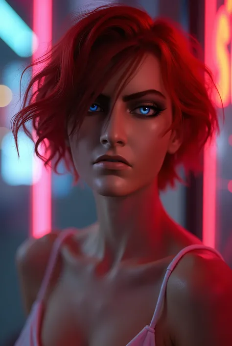 (masterpiece, best quality:1.2), intricate details, gorgeous Vi, 1girl, naked, close up, portrait, red hair, short hair, neon lights, pointy nipples, sex, 2,5d
