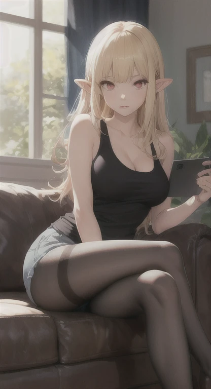 Medium breasts, Busty girl, princess Hylia, looking at viewer, tank top, shorts, pantyhose, Half blonde, red eyes, living room, sitting, legs crossed pose,