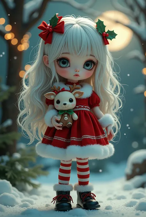 Lowbrow art, Create a kawaii macabro doll-like version of a young girl dressed in festive Christmas attire. She has pale, porcelain-like skin and oversized dark eyes that shimmer with innocence and a hint of mystery. Her long, wavy hair is snowy white, ado...