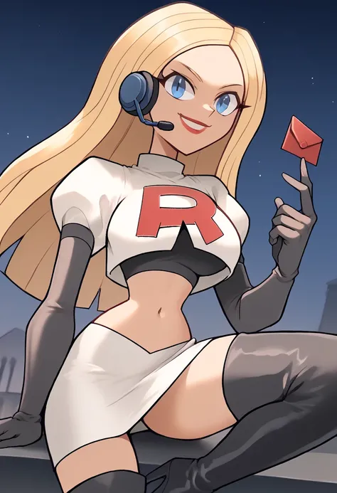 Team rocket, team rocket uniform, red letter R, white skirt,white crop top,black thigh-high boots, black elbow gloves, evil smile, night sky background, headset, large breasts, high-heeled boots, Julia_Total_Drama, blonde hair,