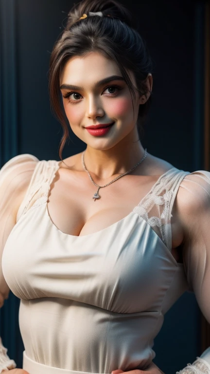 adorable, 1 girl, (face to face), , baby face, happy, medium portrait, (face details: 1), (eye details:1), ((big breasts)). wearing transparent transparency long shirt, .. Cute posed. proportional body. Ultra High Res. realistic: 1.4, UHD, poke a bun Hairs...