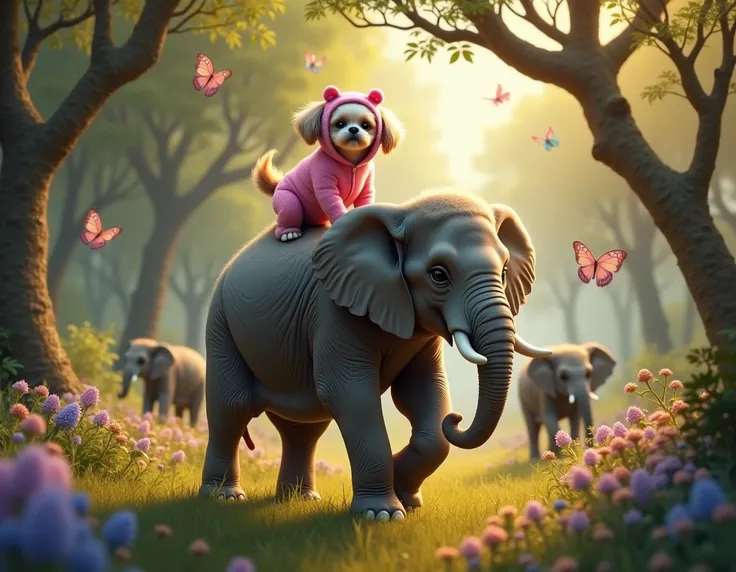 A charming scene of a Shih-Tzu dressed in an adorable pink elephant costume, riding on the back of a larger elephant, which mixes realistic features with a playful touch. The Shih-Tzu, with its radiant expression and sparkling eyes, is positioned confident...