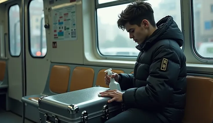 A young man with black padding cleans a saxophone bag with disinfectant on a subway seat