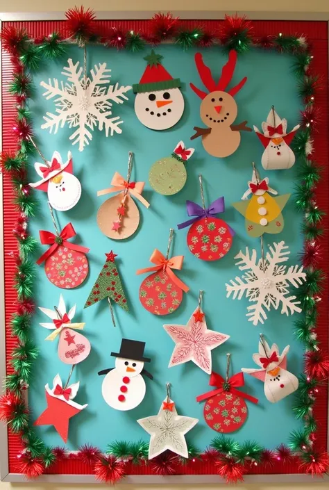 Preschool cristams bulletin board with rens crafts with a suitable one colour background 