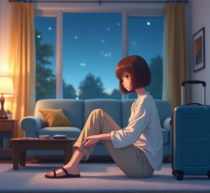  A 39-year-old anime-style woman , anime To love ru,  low lighting , medium opacity ,  sitting on the carpet near a table in the living room , white house,  light blue furniture around the living room ,  the windows are covered with yellow curtains , at ni...