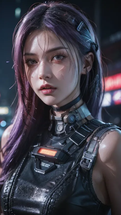 "A hyper-realistic portrait, photorealistic photo close-up image of a young woman with short metallic-purple hair, her face marked with scars and dirt, standing amidst a cyberpunk city in ruins. Neon lights reflect off her cracked high-tech combat armor, g...