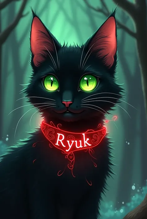 Draw a black cat with green eyes that has a red collar that says RYUK in anime style 