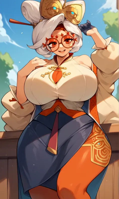 score_9, score_8_up, score_7_up, score_6_up, score_5_up, score_4_up, (source_anime), purah, 1girl, huge breasts, narrow waist, thick thighs, hair ornament, red headband, red glasses, sleeveless shirt, white coat, black skirt, red leggings, gloves, high hee...